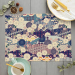 tapis table art japonais traditionnel fleurs motifs géométriques bleu vert rouge beige