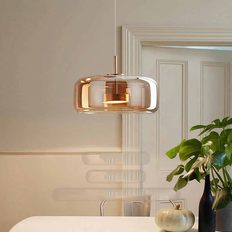 luminaire suspension moderne verre transparent doré câble salon salle manger