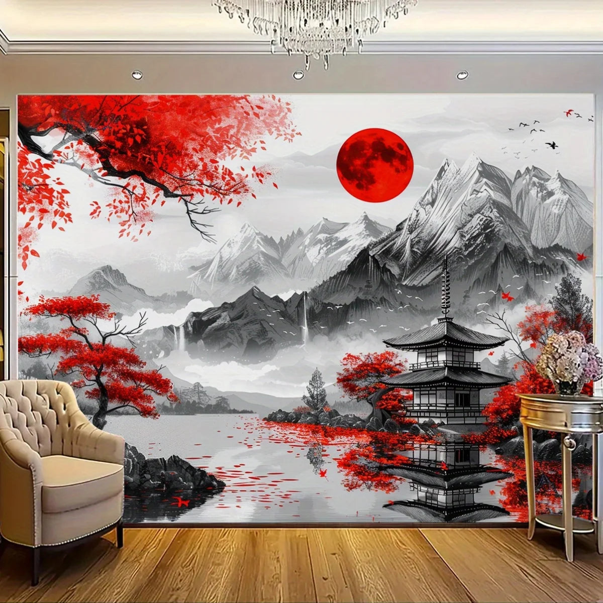 toile d'art paysage oriental blanc gris rouge peinture traditionnelle clips 150x200cm 180x280cm 150x300cm