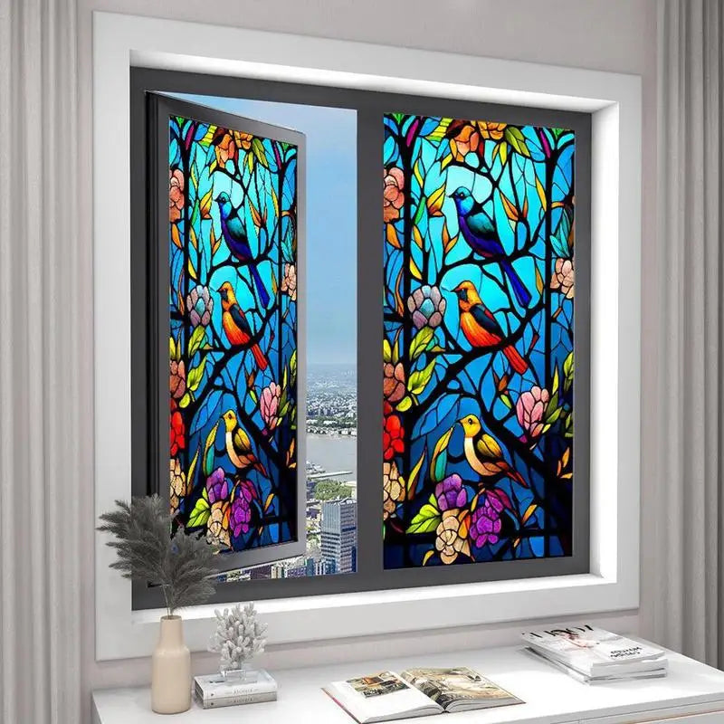 décoration fenêtre art deco oiseaux fleurs géométrique adhésif bleu vert jaune orange rose violet