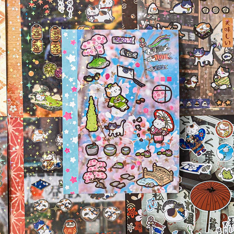 stickers kawaii japonais chats cerisiers ramen papeterie scrapbooking diy mignon vert bleu