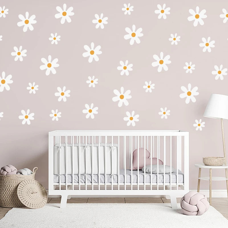 sticker mural fleur marguerite blanc jaune deco enfantine champetre pvc moderne decoration maison bricolage