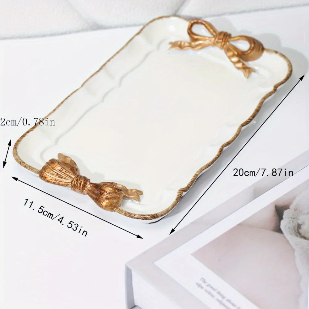plateau rectangulaire élégant blanc rose pastel bordure dorée motif noeud