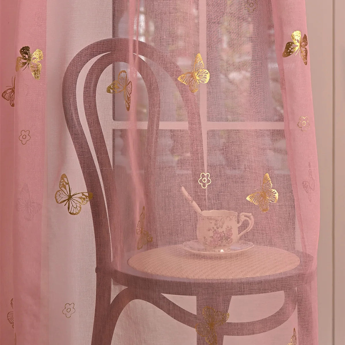 rideau moderne rose papillons dorés semi transparent anneaux métalliques polyester deux panneaux chambre fillecoration