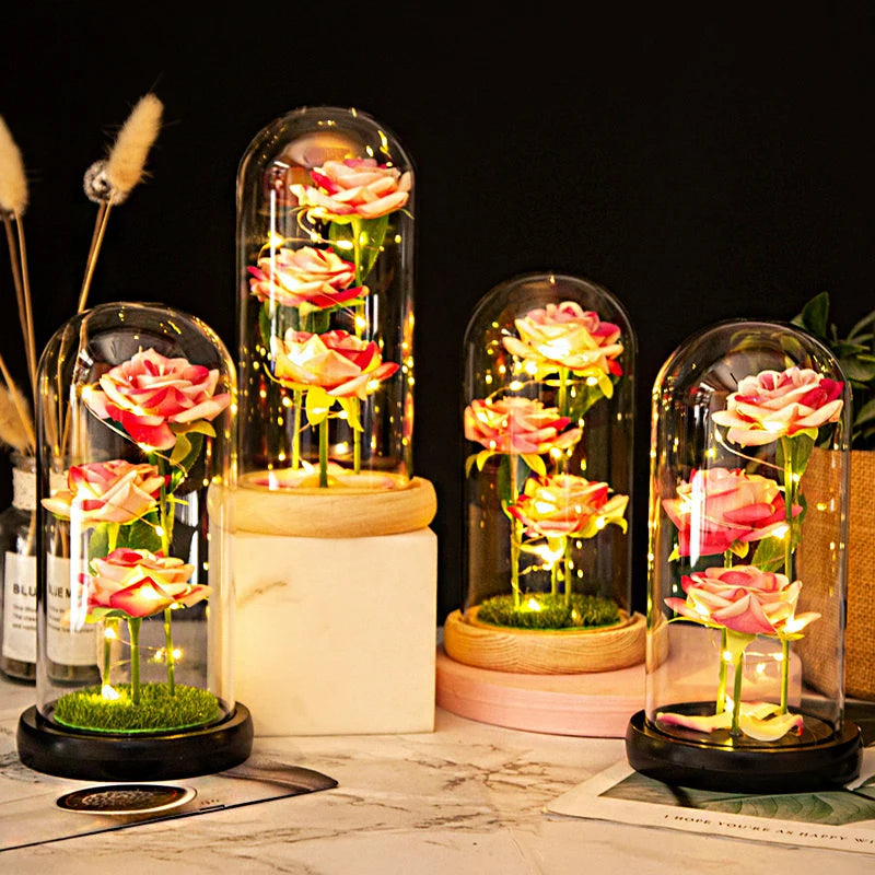 roses stabilisées bouquet guirlande lumineuse cloche verre décoration intérieure romantique anniversaire valentin engagement