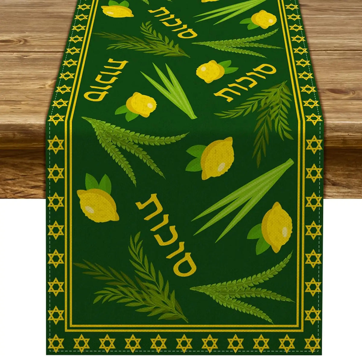 tableau chemin table lin motif citron feuille étoile hébreu graphique traditionnel vert foncé jaune