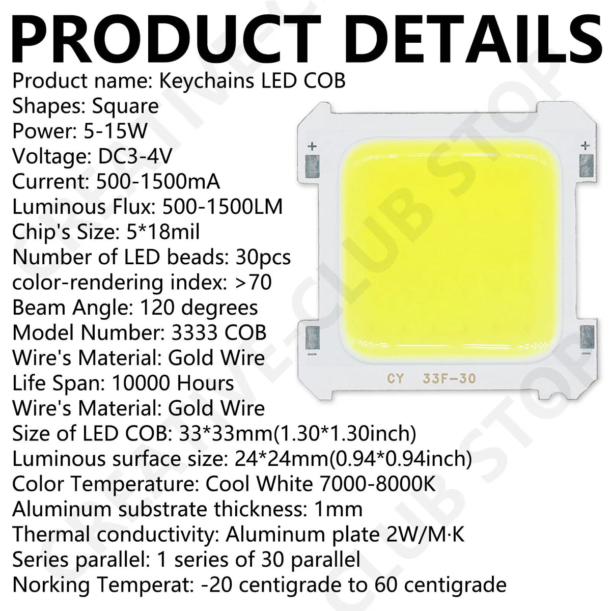 lumières led cob 5w 7000k 10000hanches 24x24mm 120degres camping portable