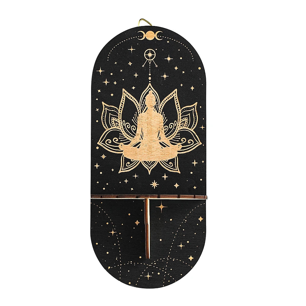 étagère murale bois moderne étagères dorées motifs géométriques noir méditation étoiles lune