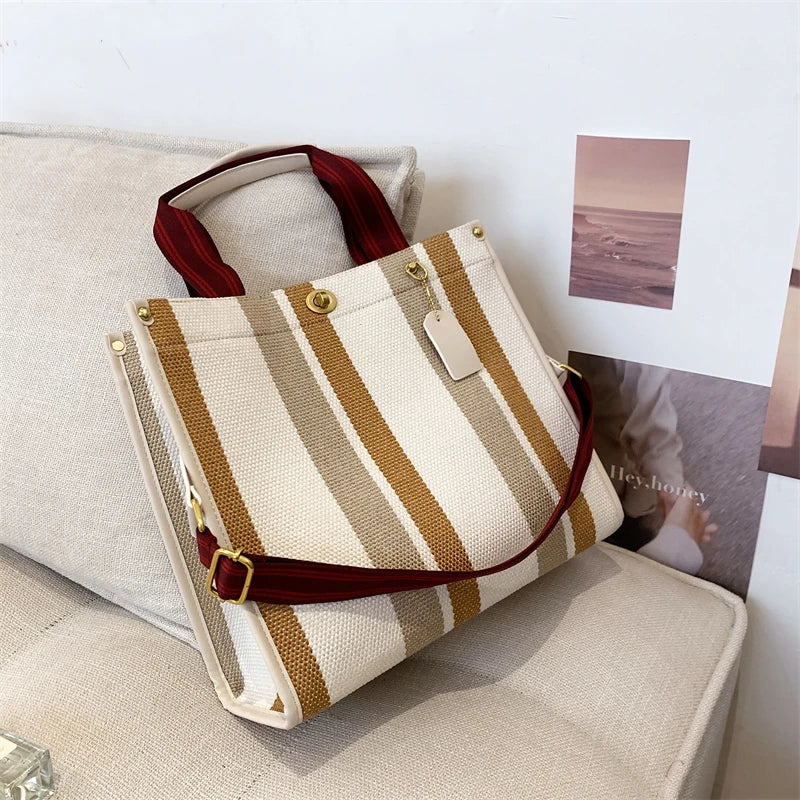 sac main femme toile polyvalent rayé poches intérieures appliques décontracté moderne casual