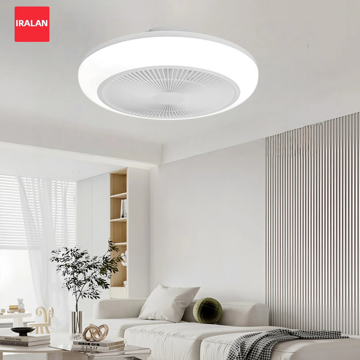 ventilateur blanc moderne lumineux silencieux télécommande grille ventilation rechargeable étanche chambre salon