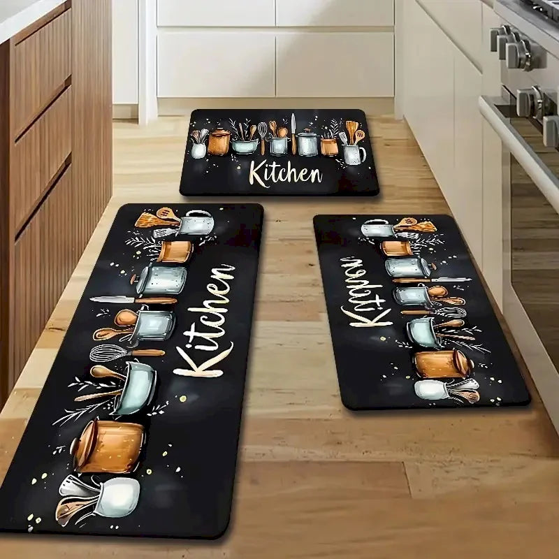 tapis cuisine antidérapant polyester feutre moderne illustration ustensiles noir blanc doré