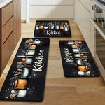 tapis cuisine antidérapant polyester feutre moderne illustration ustensiles noir blanc doré