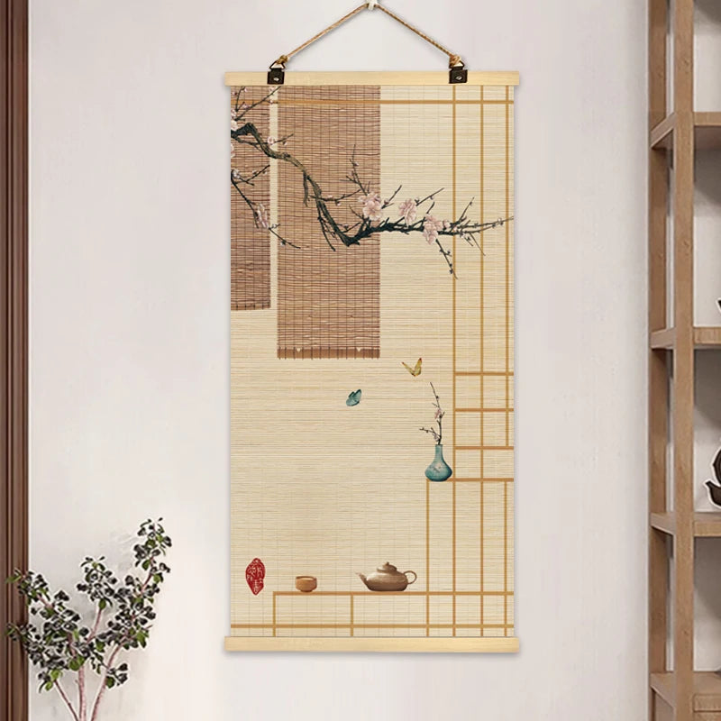 rideau rouleau bambou art traditionnel oriental fleurs oiseaux motifs crochets métalliques opaques entrée maison