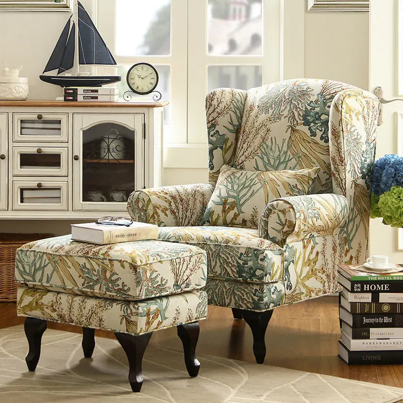 fauteuil classique bleu damassé coussin tissu composite bois sponge chambre salon minimaliste moderne