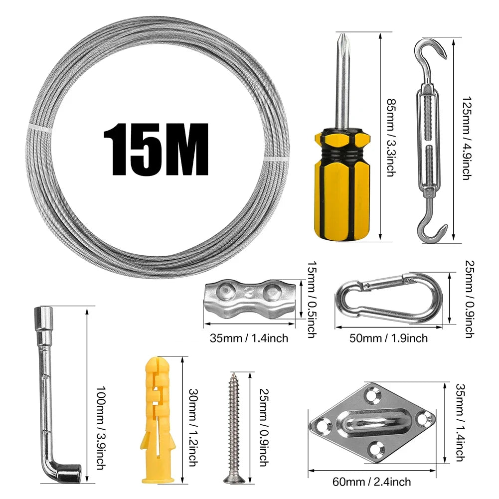 kit fixation voiles argenté 15m câble tourbuckles snap hooks outil jardin industriel
