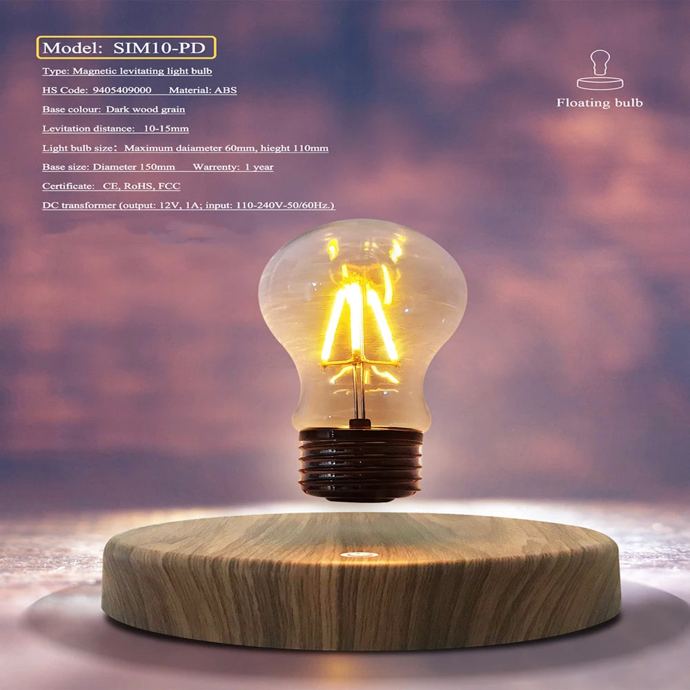 ampoule led flottante transparente moderne aimant base bois interrupteur tactile câble alimentation notice utilisation