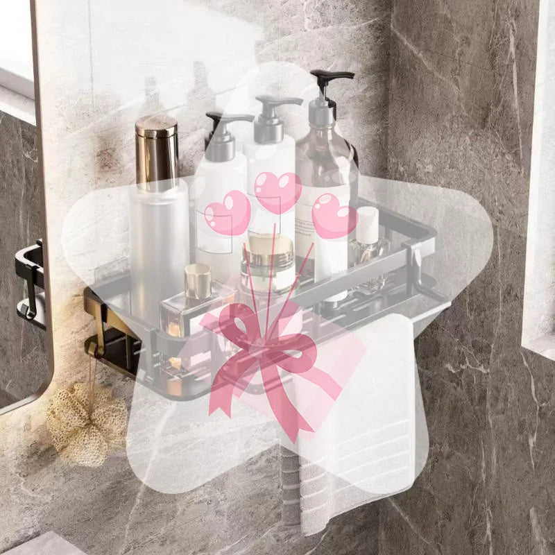 étagère salle bain adhésive noire moderne grille perforations serviette brosse dents góc nhìn khách