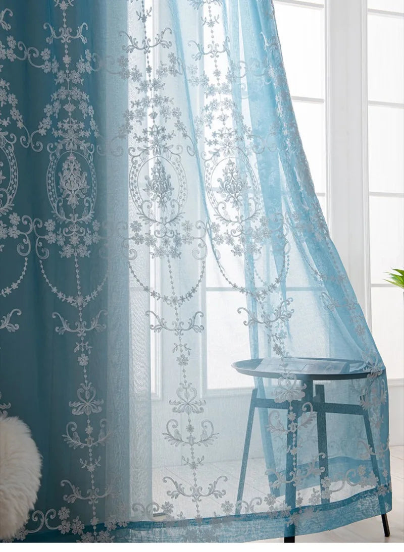 rideau bleu clair semi transparent brodé fleurs classique chambre coucher isolation thermique polyester