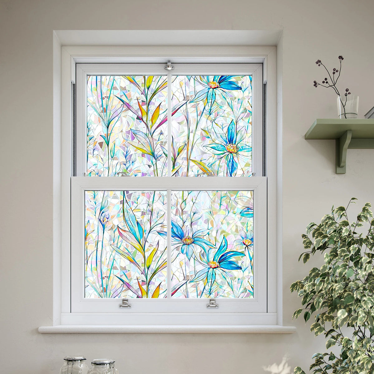 film confidentialité fenêtre multicolore floral adhésif moderne décoratif semi opaque vert bleu rose blanc