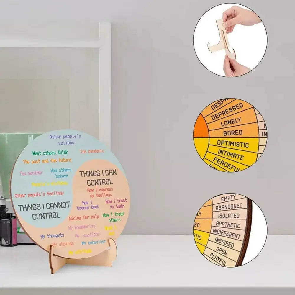 tableau d'affichage multicolore circulaire moderne sections colorées texte explicatif support bois