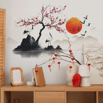 autocollant mural paysage oriental coucher soleil art traditionnel japonais oiseaux montagnes lanternes chambre salon