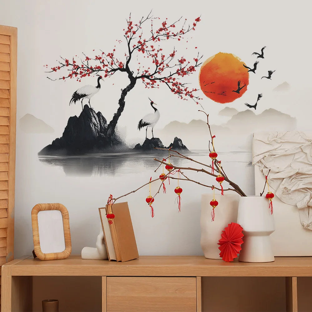 autocollant mural paysage oriental coucher soleil art traditionnel japonais oiseaux montagnes lanternes chambre salon
