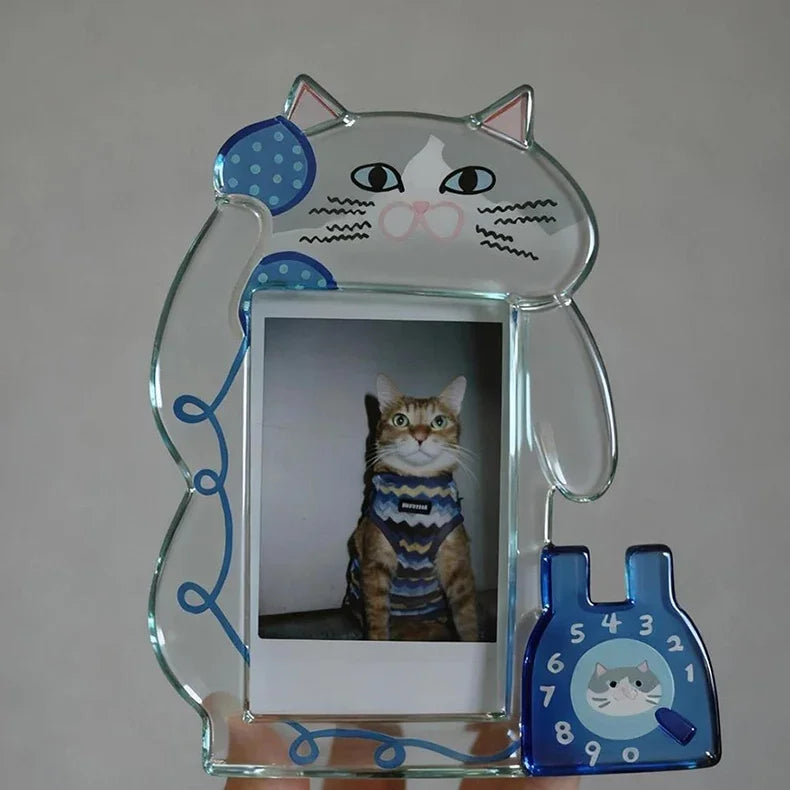 cadre photo transparent chat bleu violet enfantin dessin moustaches fil laine téléphone números