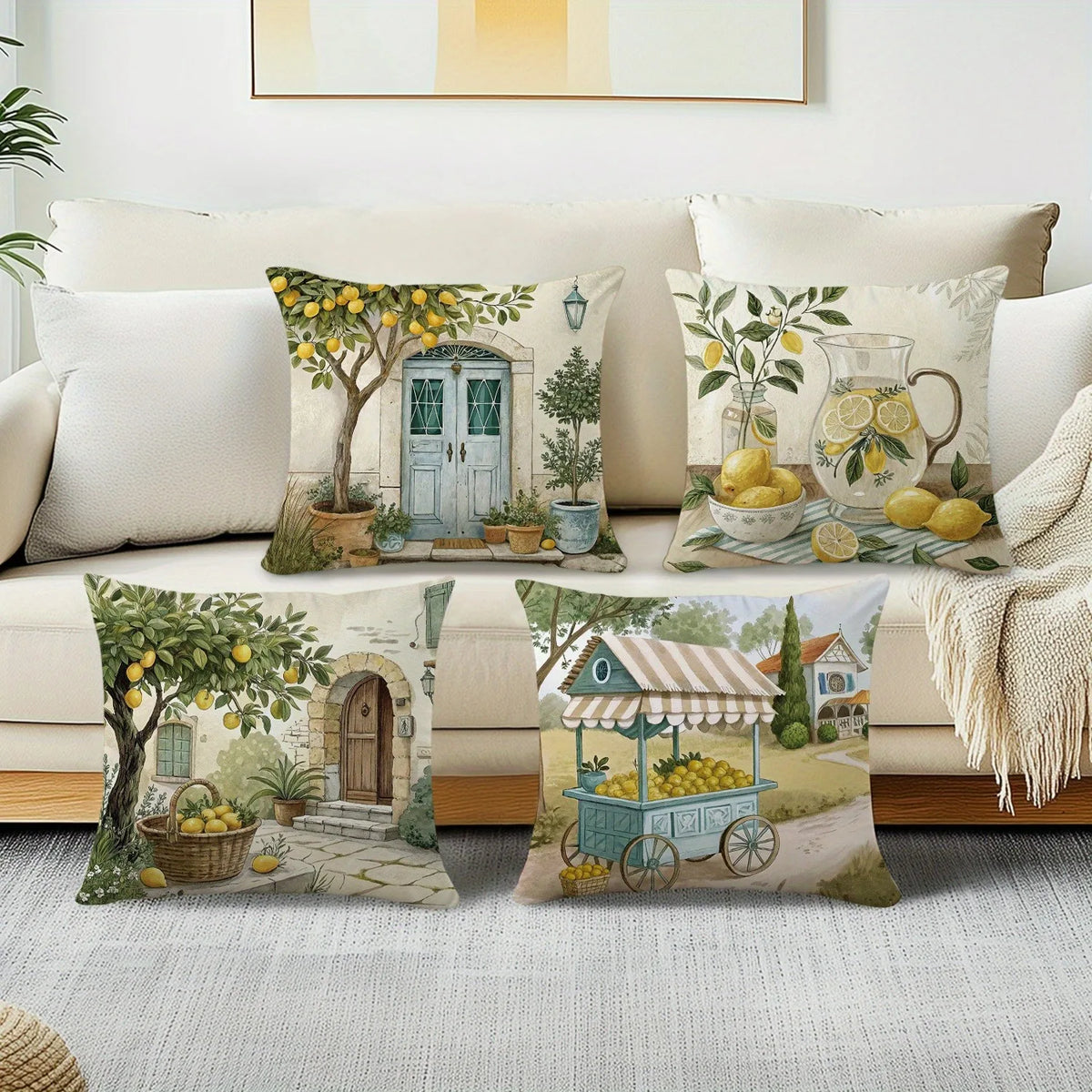 taies d'oreiller jacquard citron motif arbres fruitiers vintage coton polyester douces confortables