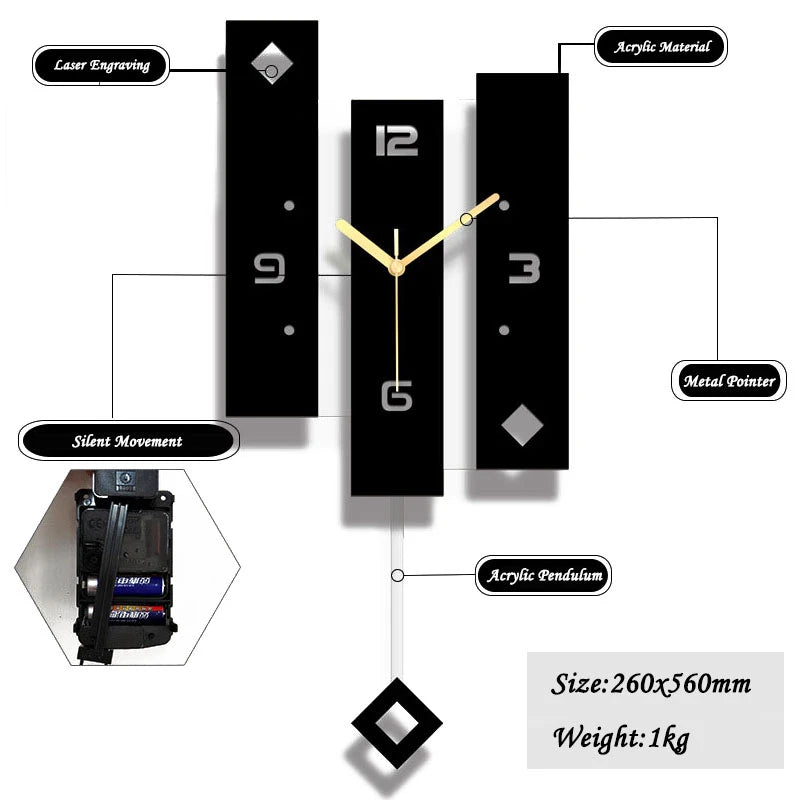 Détail de l'horloge murale pivotante noire avec aiguilles fines