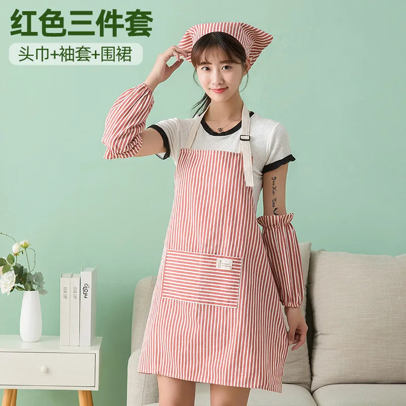 tablier rayé coton lin écharpe tête manches poche avant élastique couleur vert rouge marron