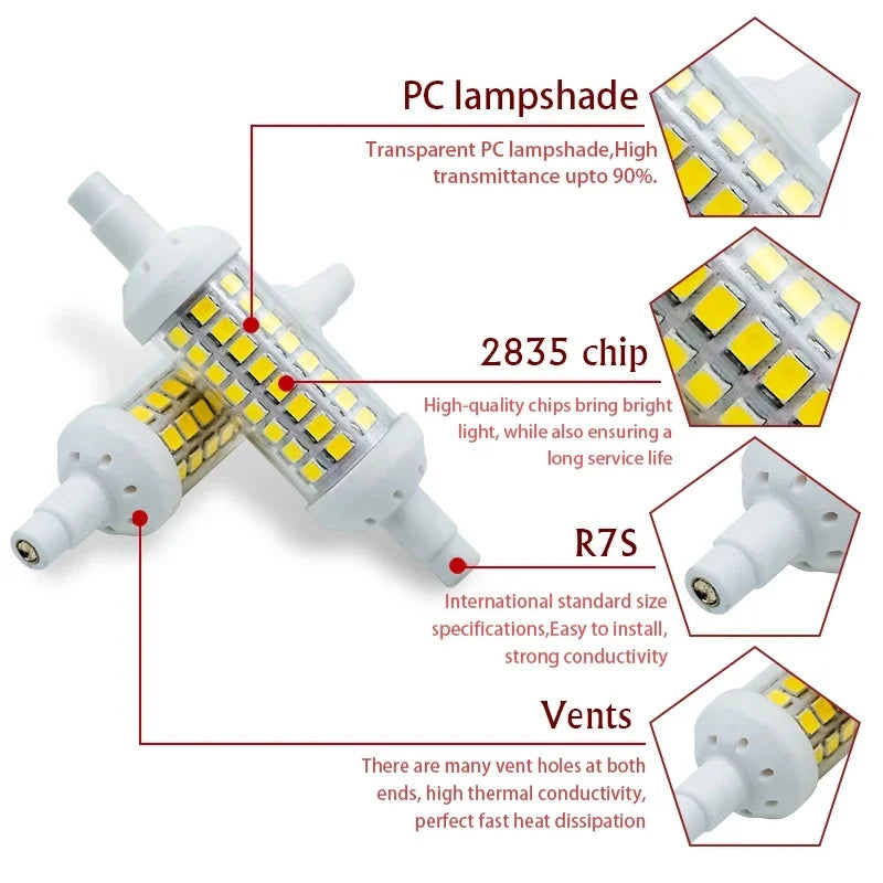 Ampoule LED R7S 220V 10W 15W 20W blanc moderne sans scintillement 80000h