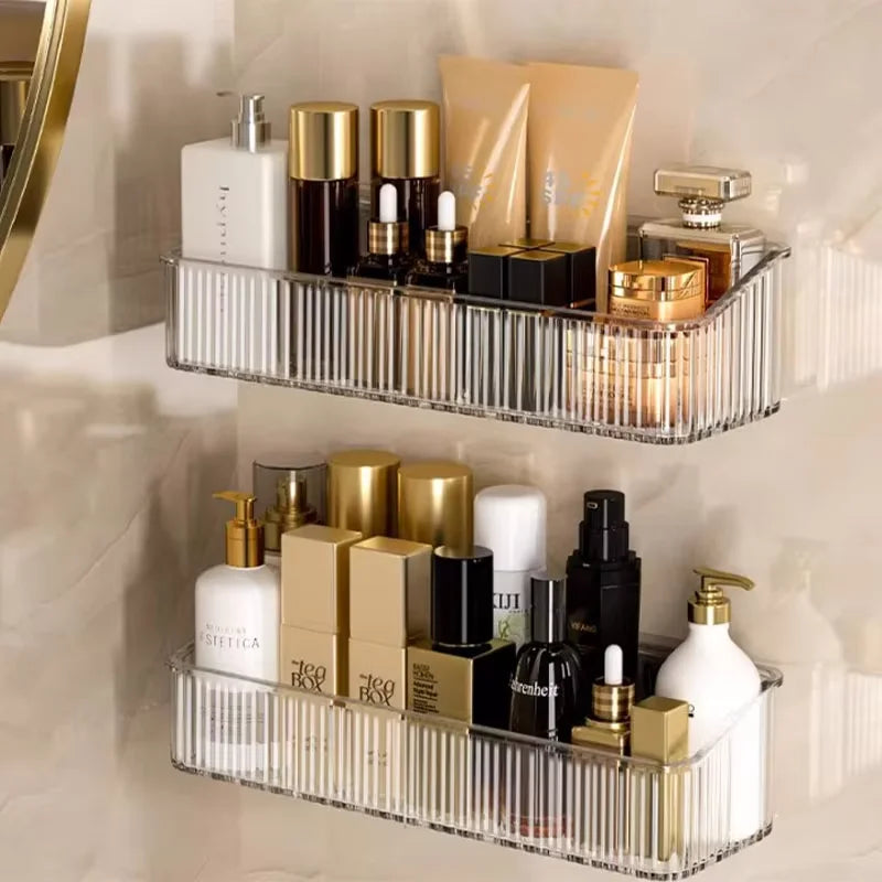 étagère rangement salle bain adhésive transparente rayures moderne cosmétiques blanc gris
