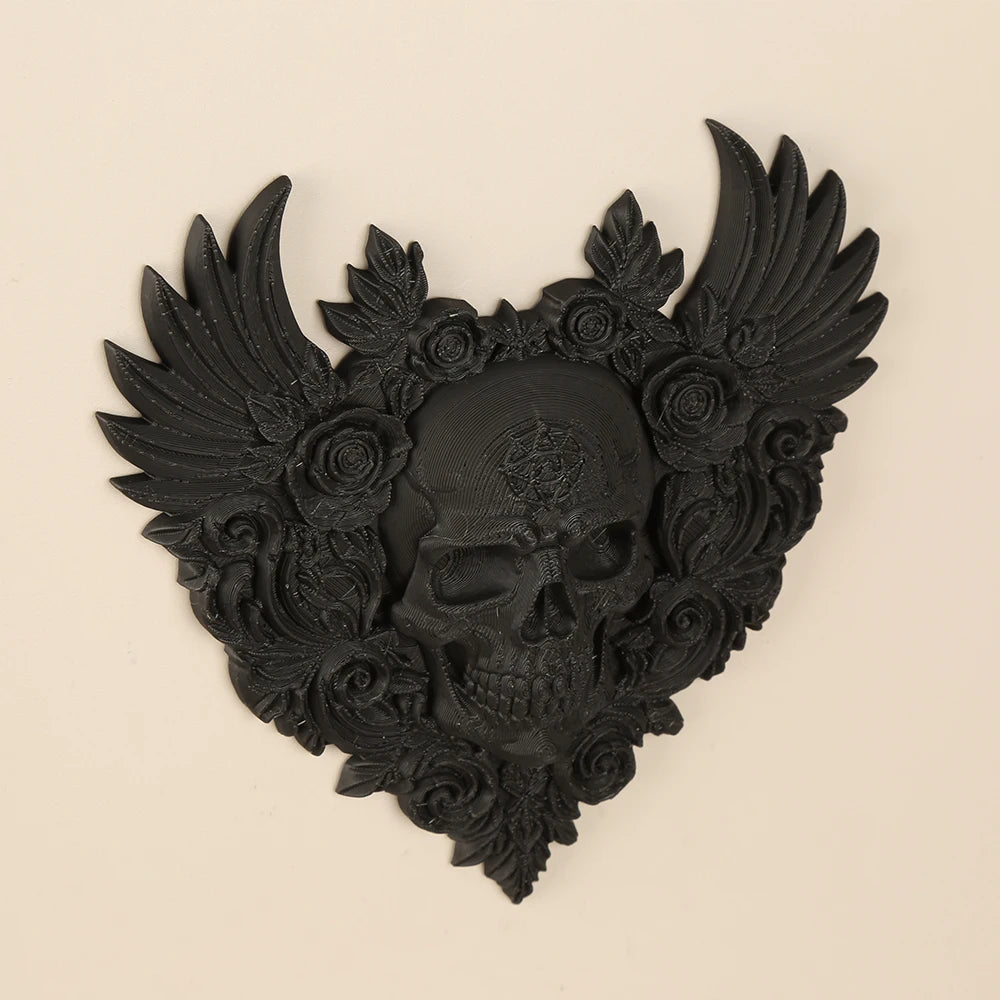 décoration gothique murale crâne roses ailes sculpture noire intérieure