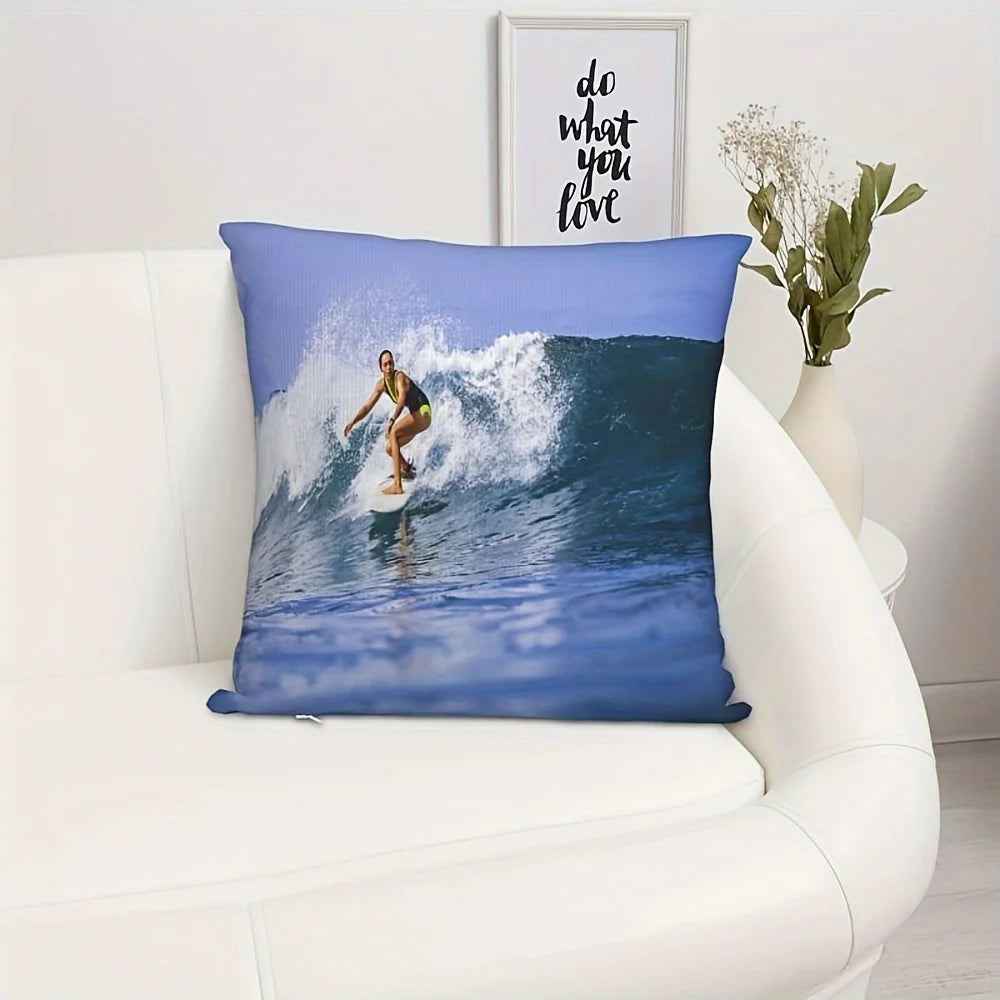 coussin personnalisable photo surf moderne bleu 45x45cm polyester fixations chambre lit