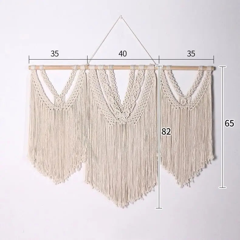 tapisserie macramé bohème franges géométriques beige clair mur décoration artisanal coton lavage main