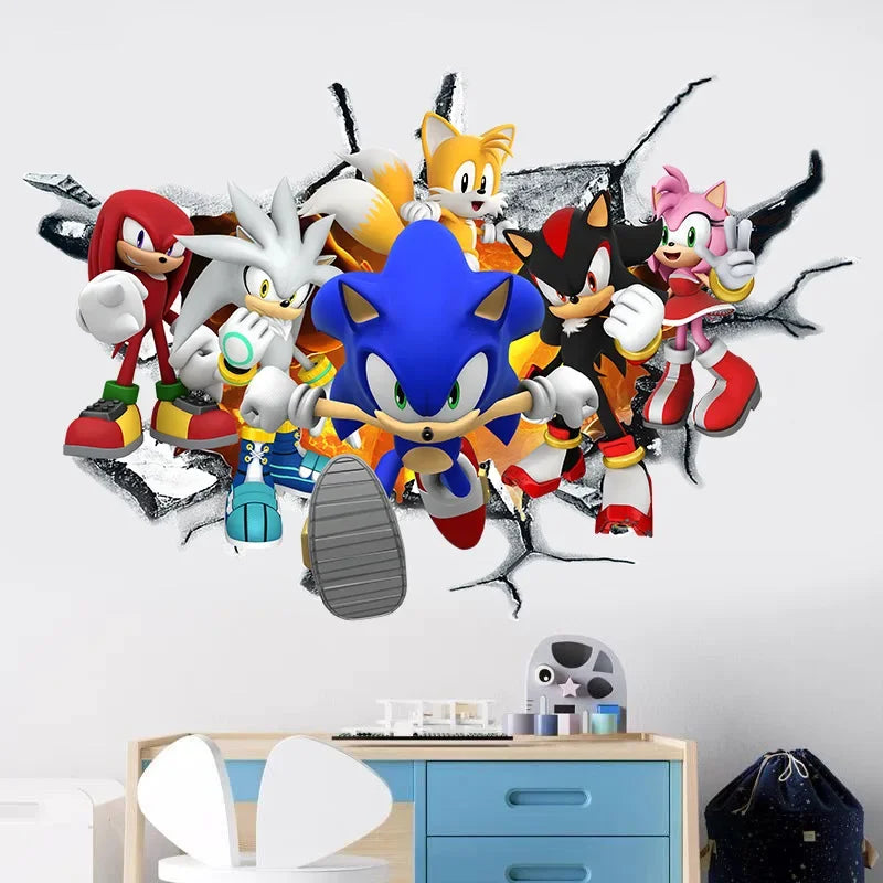 autocollant mural 3d sonic hérisson amis stickers deco chambre enfant pvc bleu
