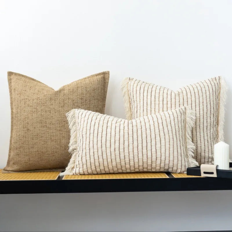 housses coussins tissage rustique franges beige opalescent nordique decor maison vehicule 45x45cm 30x50cm