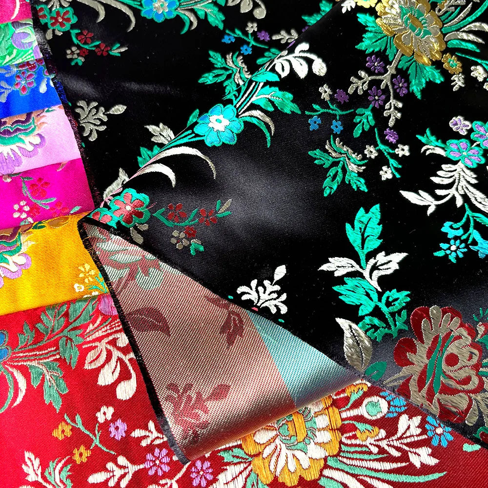 tissu brodé floral polyester opaque noir rose bleu violet traditionnel rapide respirant abrasion 75cm