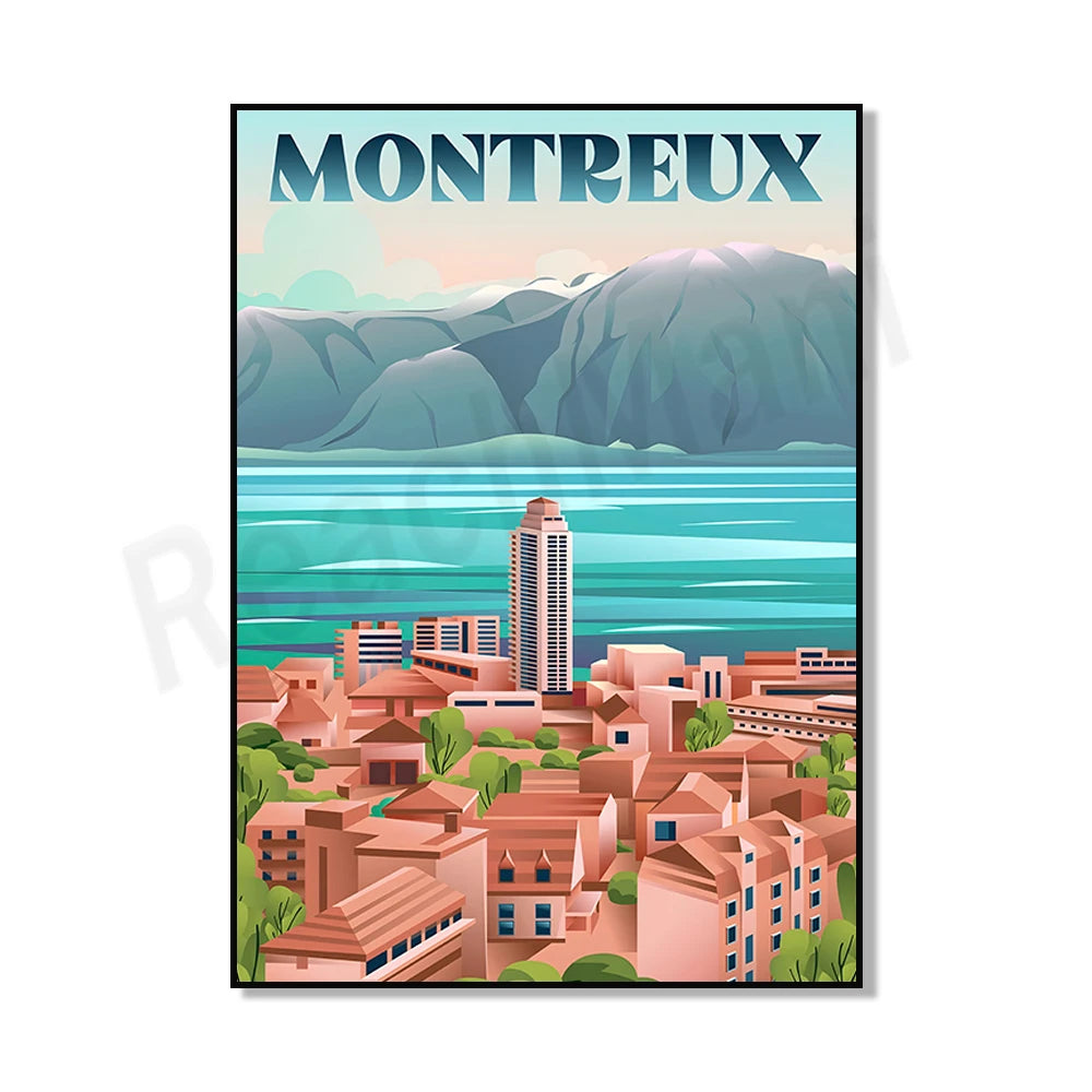 L'affiche représente un paysage urbain de Montreux, avec ses bâtiments colorés et ses montagnes en arrière-plan, créant une image idyllique de cette ville suisse.
