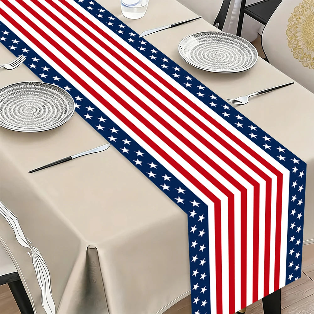table runner polyester rouge blanc bleu motifs rayés étoiles drapeau américain anniversaire fête indépendance