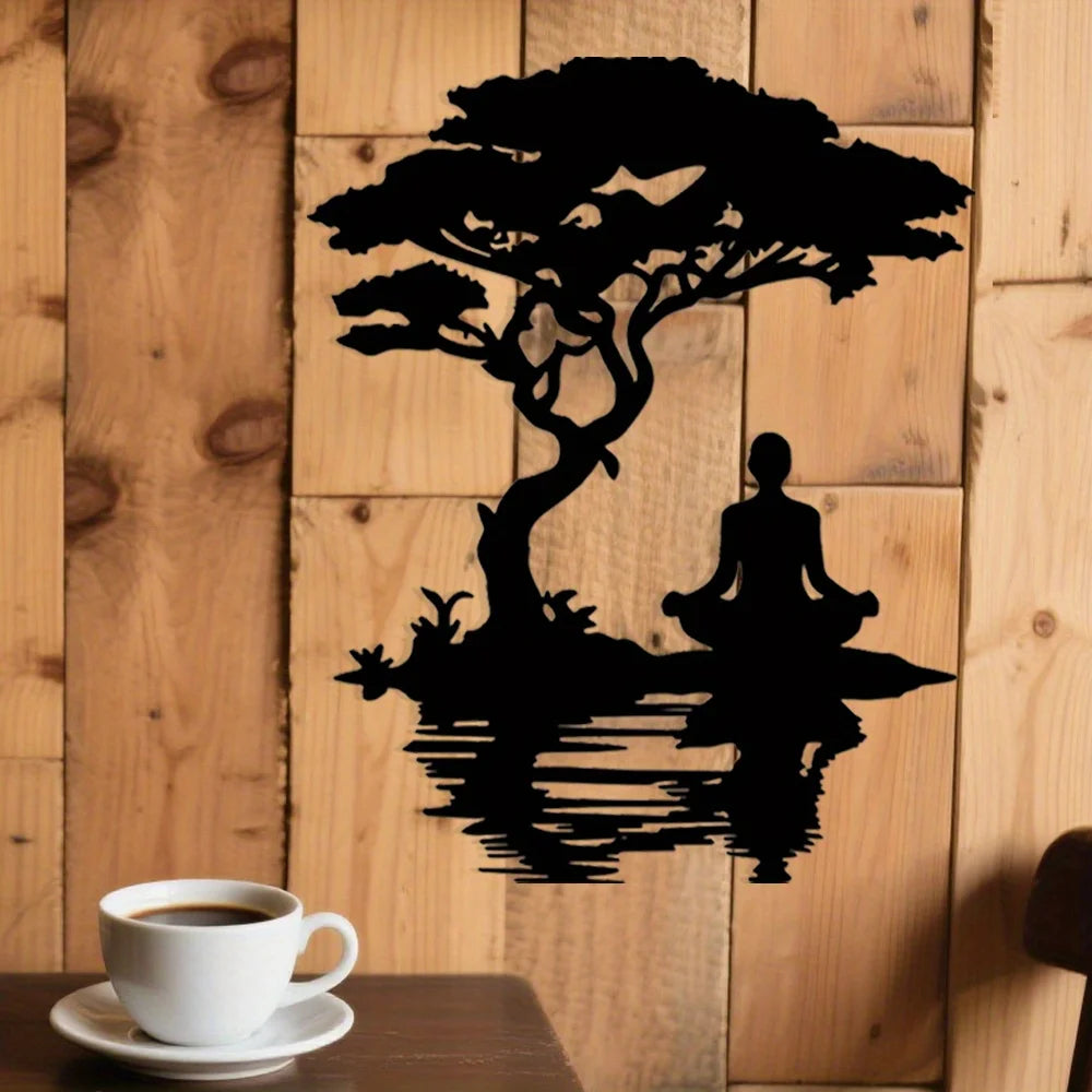 décoration murale autocollant silhouette méditation arbre noir minimalisteintérieur maison patio balcon
