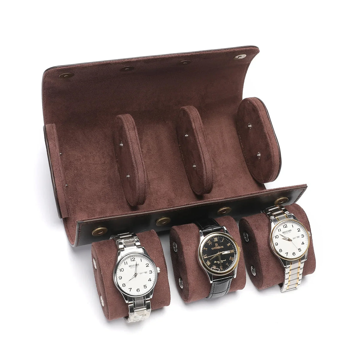 boîte rangement montres cuir velours marron clips métalliques places classique