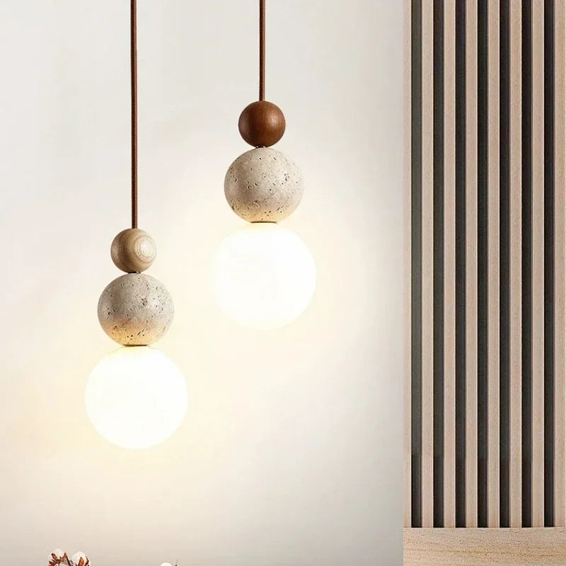 suspension lumineuse moderne boules bois naturel finition mat blanc marron beige