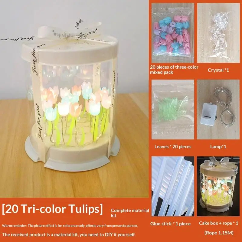 boîte gâteau lumineuse transparente tulipes colorées moderne décoration chambre veilleuse artisanale feuilles plastique