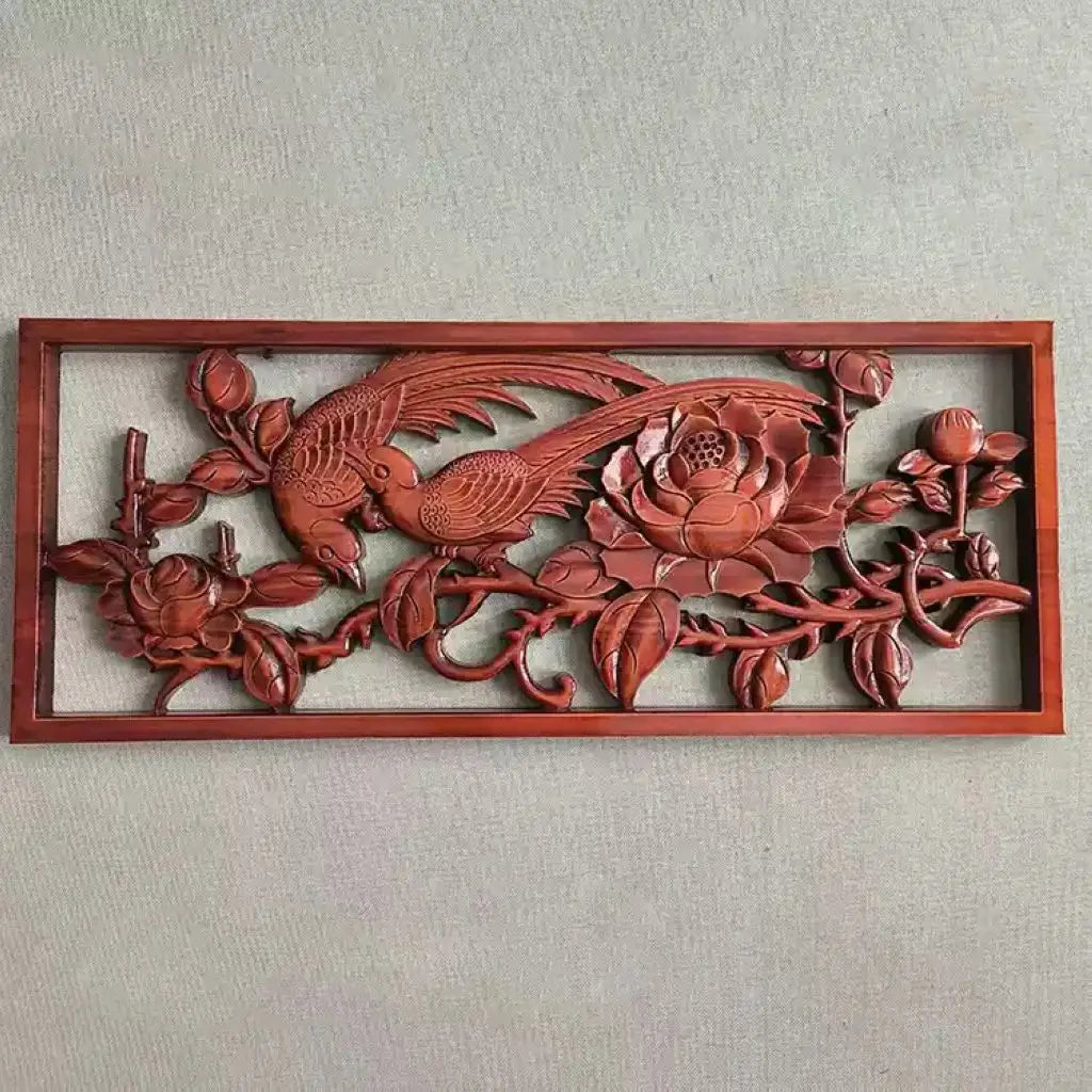 panneau decoratif bois sculpte oiseaux fleurs traditionnel chinois decoration murale rouge naturel