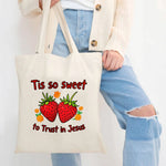 sac main toile beige fraises fleurs texte jésus poignées réutilisable écologique imprimé tridimensionnel