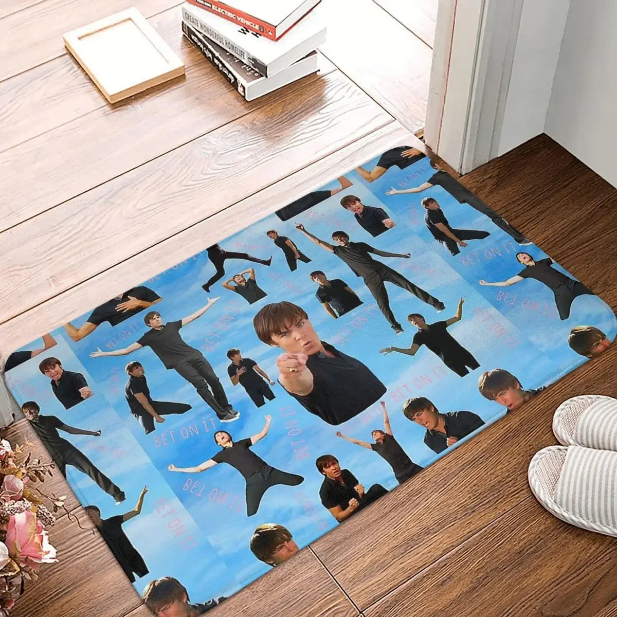 tapis imperméable antidérapant bleu clair noir bain moderne graphique posé porte extérieur