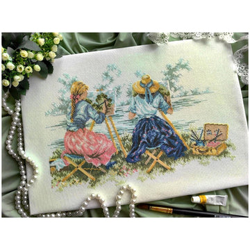 kit broderie point croix deux femmes assises bleu rose blanc peinture coton instructions aiguilles
