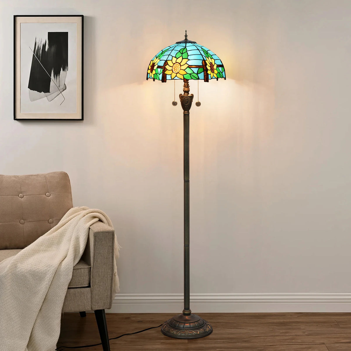 lampe sol tiffany multicolore art nouveau interrupteur pédale base résine hauteur 163cm