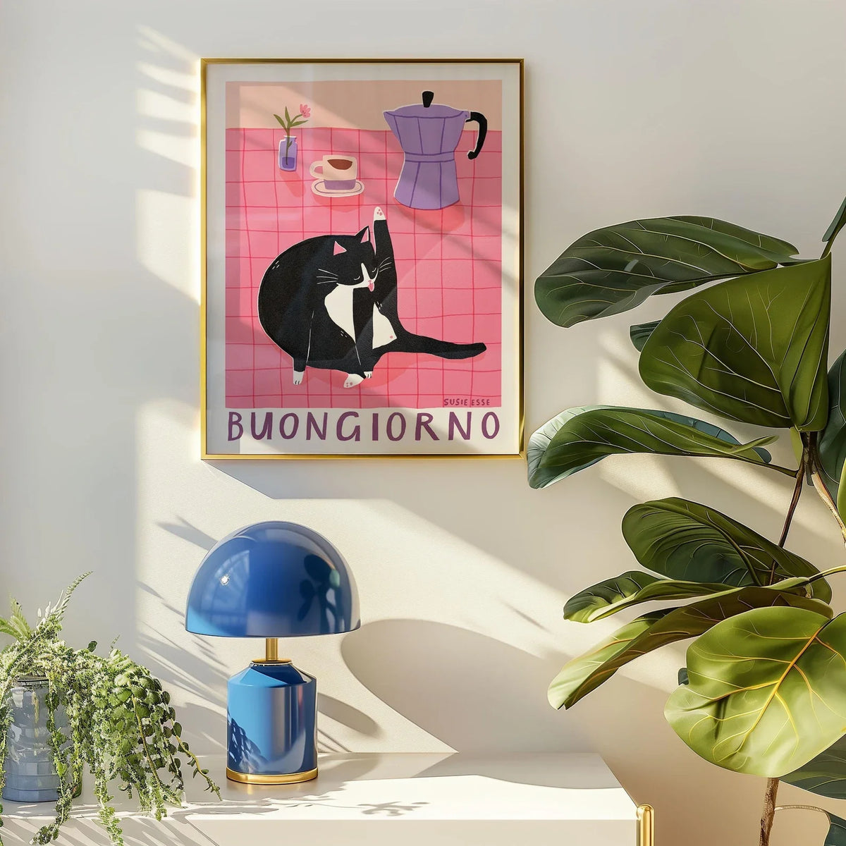 affiche imprimée chat noir blanc illustration fleur cadre doré salle manger cuisine 30x40cm